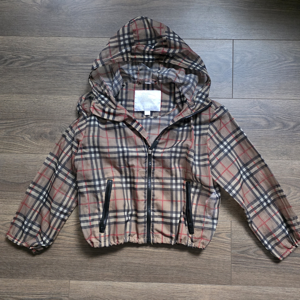 Burberry Tan Plaid Hooded Rain Jacket with Red & Black Accents